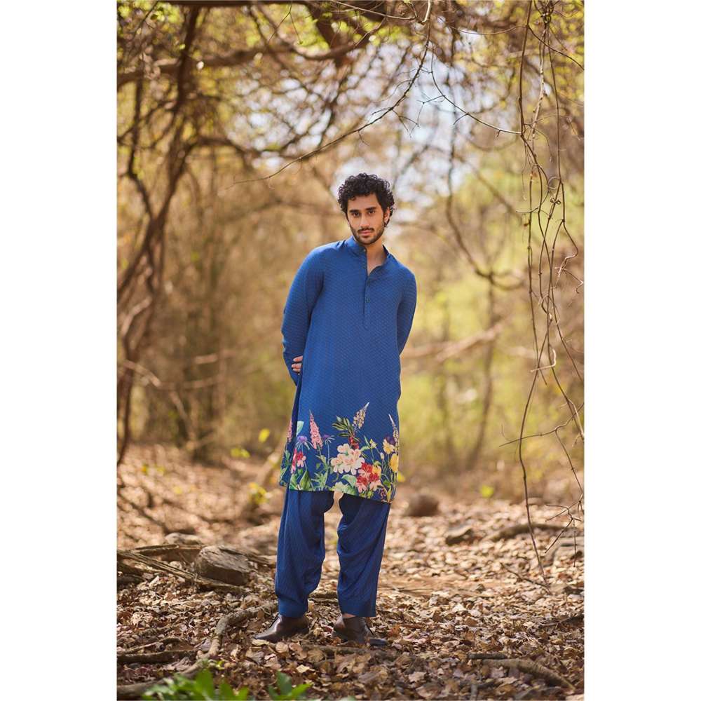 Nirmooha Blue Eden Floral Print Kurta and Dhoti (Set of 2)