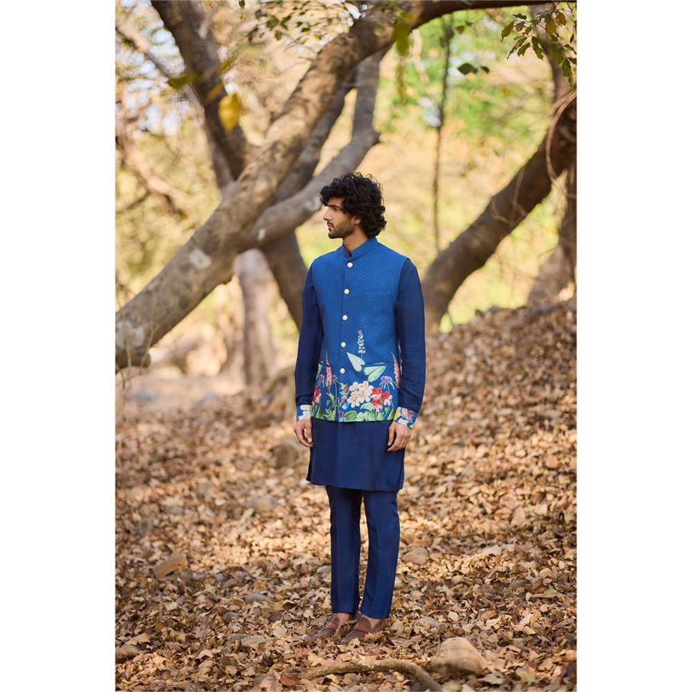 Nirmooha Blue Floral Print Bandi with Kurta and Pant (Set of 3)