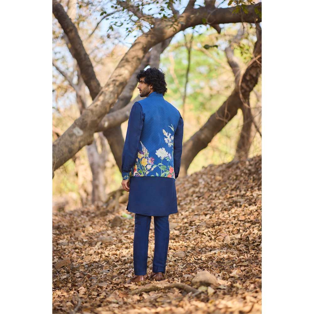 Nirmooha Blue Floral Print Bandi with Kurta and Pant (Set of 3)