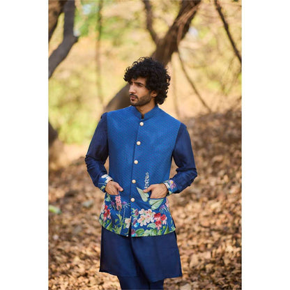 Nirmooha Blue Floral Print Bandi with Kurta and Pant (Set of 3)