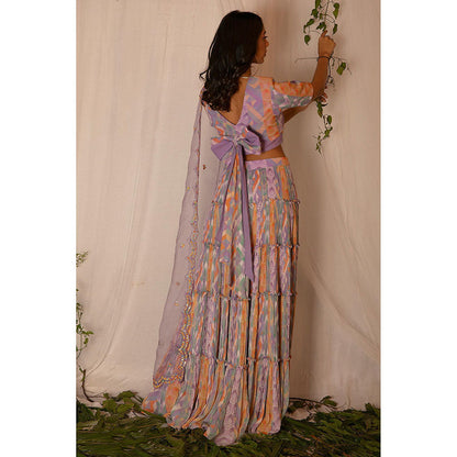 Nirmooha Purple Printed Blouse and Tiered Skirt with Embroidered Dupatta