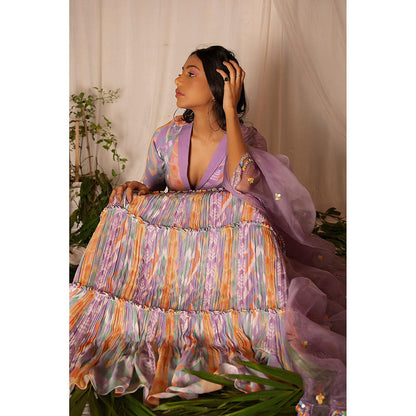 Nirmooha Purple Printed Blouse and Tiered Skirt with Embroidered Dupatta