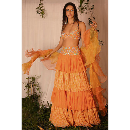 Nirmooha Orange Embellished Blouse with Hand Embroidered Lehenga and Ruffle Dupatta