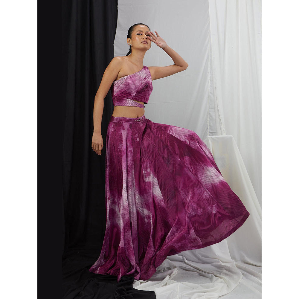 Nirmooha Wine One Shoulder Printed Blouse and Skirt