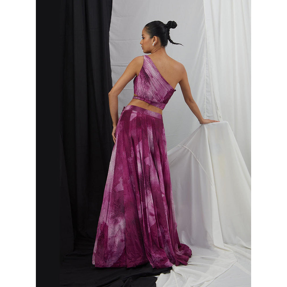 Nirmooha Wine One Shoulder Printed Blouse and Skirt