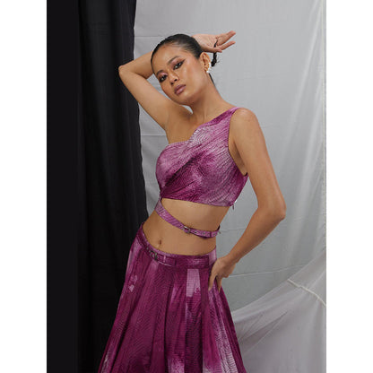 Nirmooha Wine One Shoulder Printed Blouse and Skirt