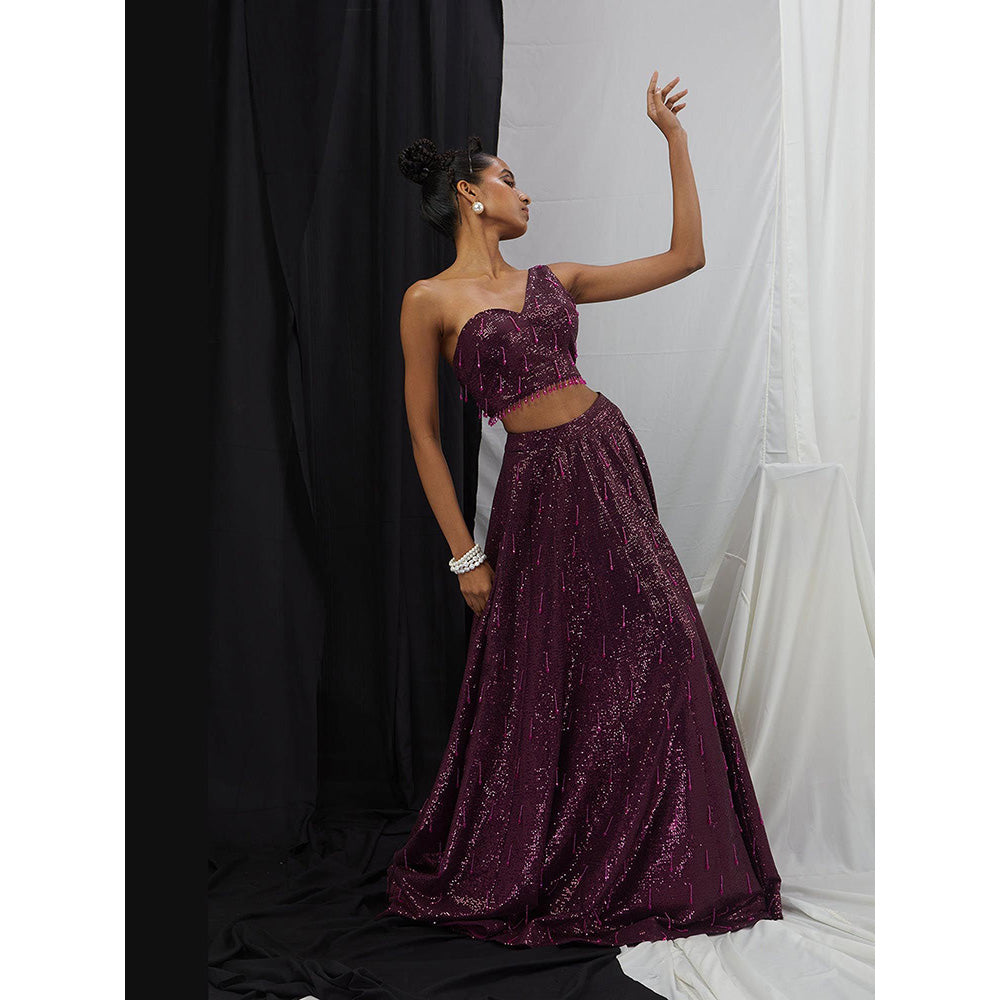 Nirmooha Burgundy Embellished One Shoulder Lehenga with Attached Dupatta
