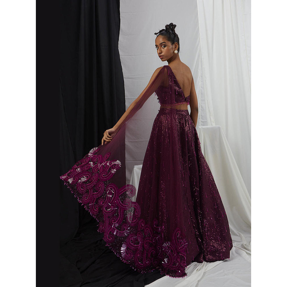 Nirmooha Burgundy Embellished One Shoulder Lehenga with Attached Dupatta