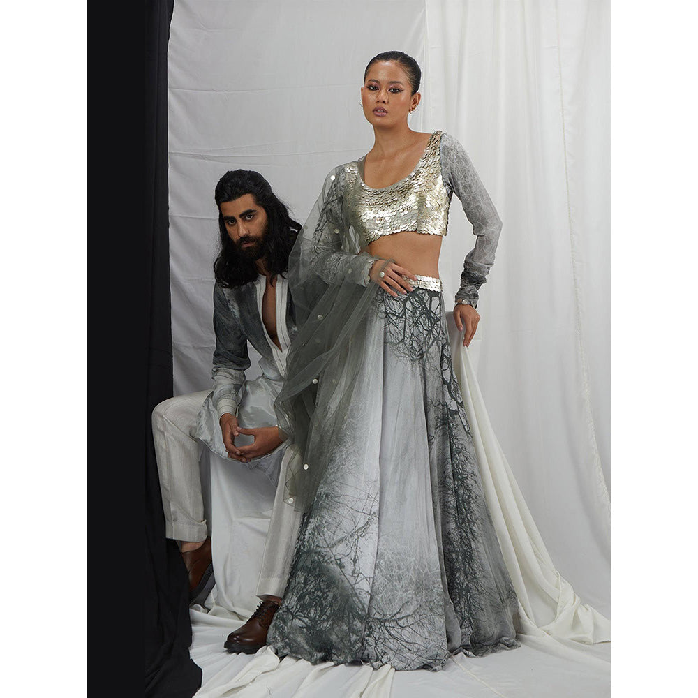 Nirmooha Grey Embellished Lehenga and Blouse with Dupatta