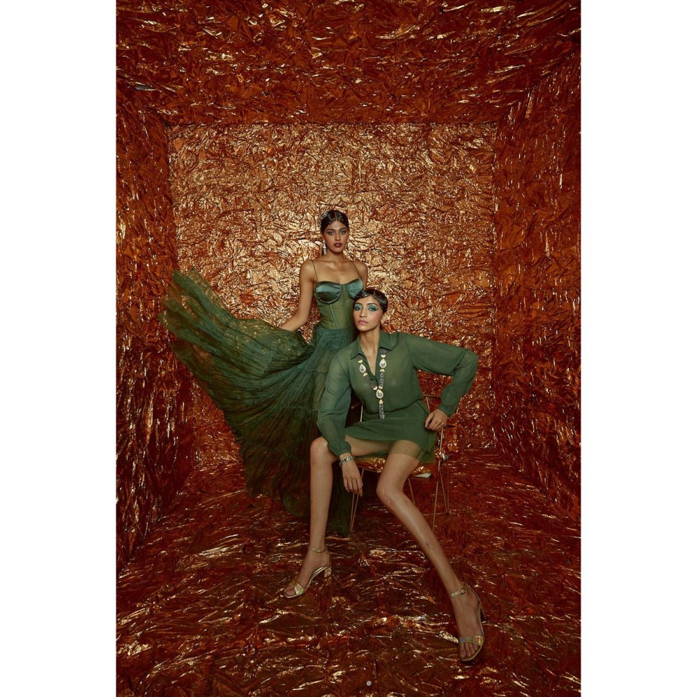 Nirmooha Green Georgette Shirt and Skirt with Belt
