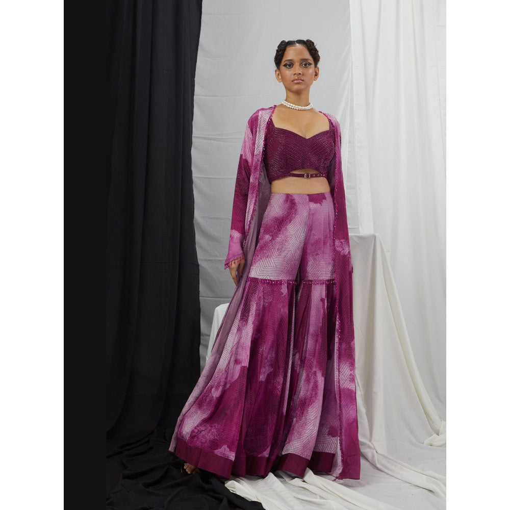 Nirmooha Purple Embroidered Bralette and Palazzo with Printed Cape with Belt