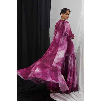Nirmooha Purple Embroidered Bralette and Palazzo with Printed Cape with Belt