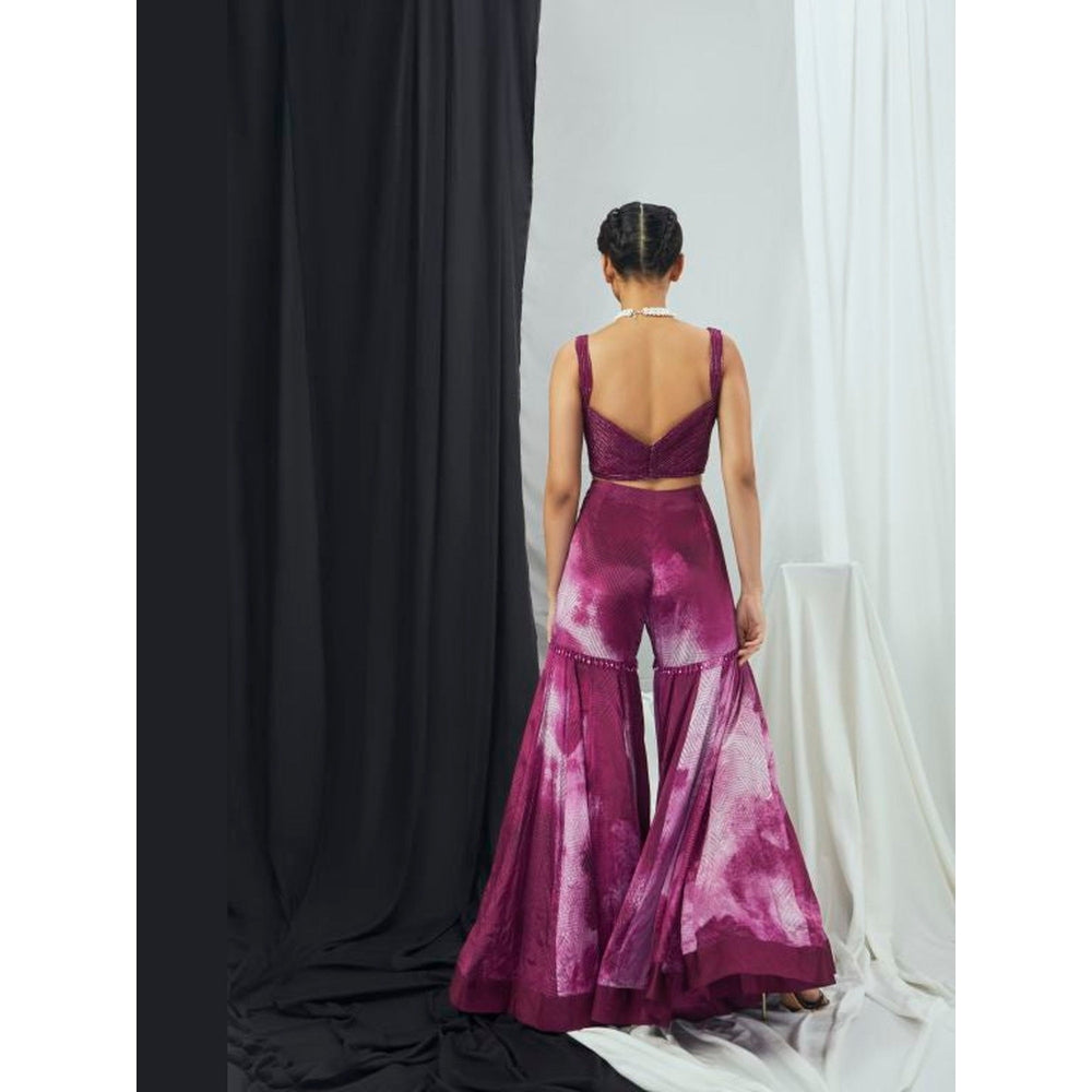 Nirmooha Purple Embroidered Bralette and Palazzo with Printed Cape with Belt