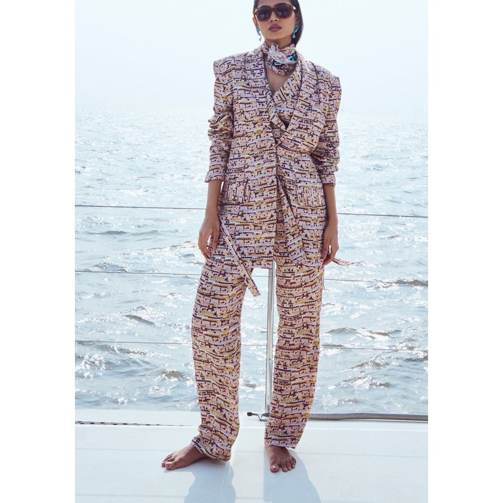 Nirmooha Peach Sequin Printed Blazer and Pant with Belt with Vest Top