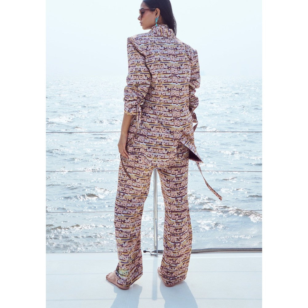 Nirmooha Peach Sequin Printed Blazer and Pant with Belt with Vest Top
