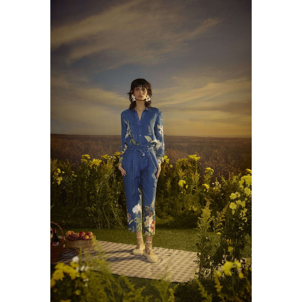 Nirmooha Blue Floral Fusion Ensemble Shirt and Pant with Belt