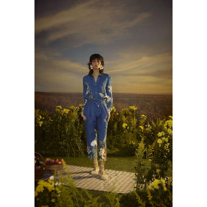 Nirmooha Blue Floral Fusion Ensemble Shirt and Pant with Belt