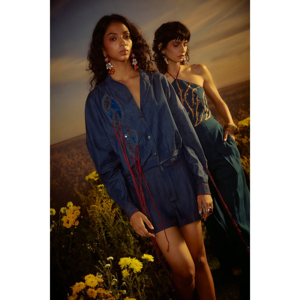 Nirmooha Blue Embroidered Essence Duo Shirt and Shorts