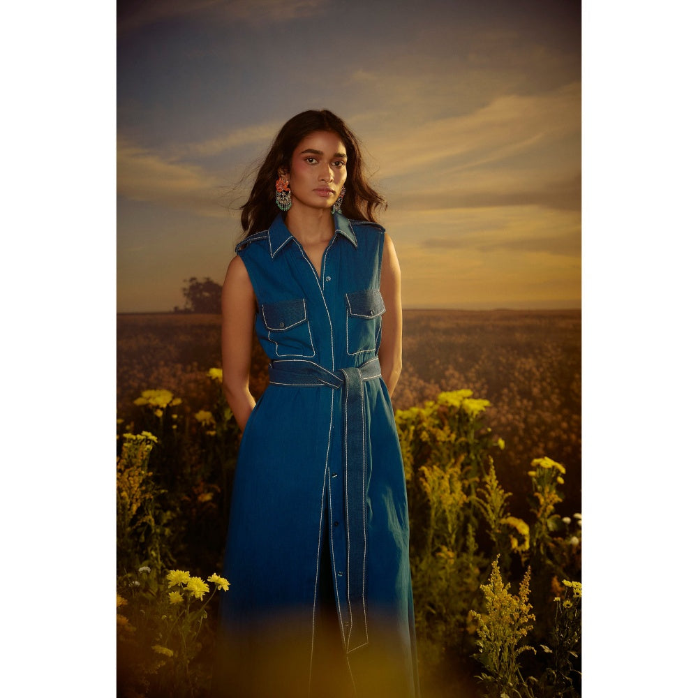 Nirmooha Blue Metro Classic Trench Coat and Pant with Belt with Belt