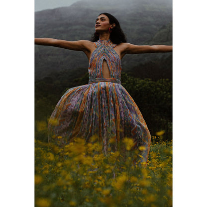 Nirmooha Blue Geo Printed Halter Neck Cording Maxi Dress