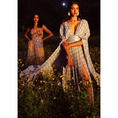 Nirmooha Blue Kaftan Style Maxi Dress with Attached Holographic Embroidered Belt