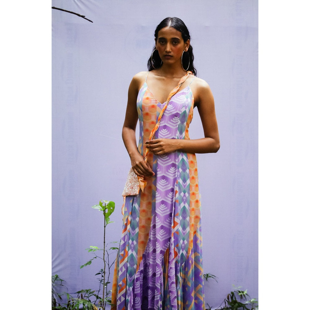 Nirmooha Purple Flared Printed Panel Cami Dress