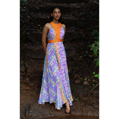 Nirmooha Purple Flared Printed Panel Cami Dress