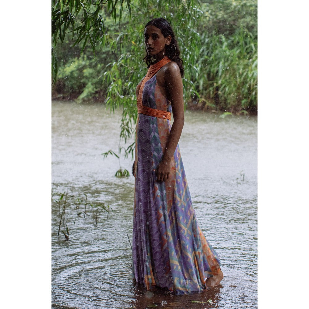 Nirmooha Purple Flared Printed Panel Cami Dress