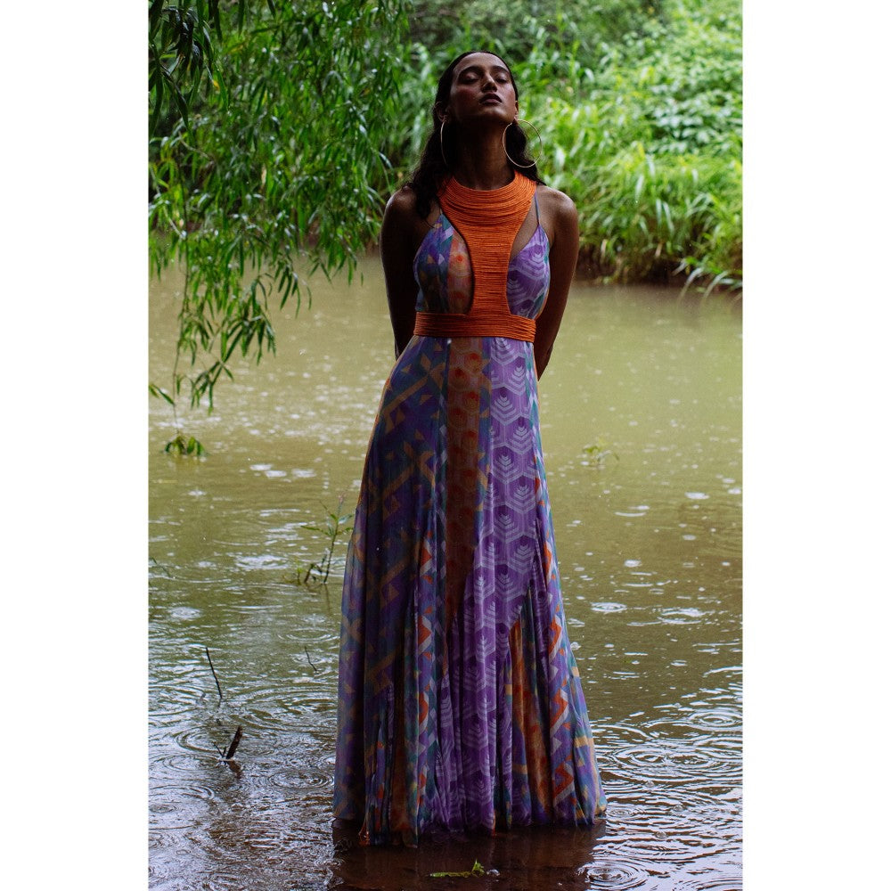 Nirmooha Purple Flared Printed Panel Cami Dress