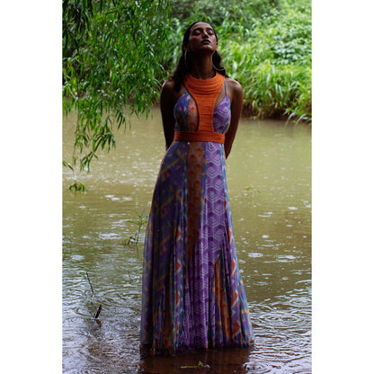 Nirmooha Purple Flared Printed Panel Cami Dress