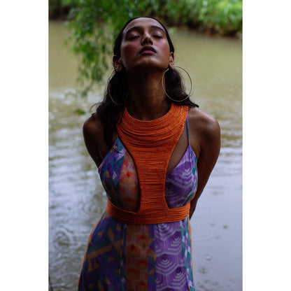 Nirmooha Purple Flared Printed Panel Cami Dress