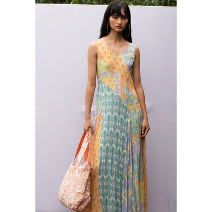 Nirmooha Yellow Printed Panel Godet Flared Maxi Dress