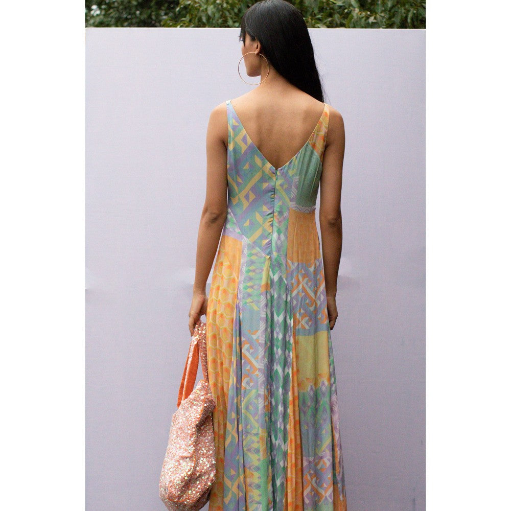 Nirmooha Yellow Printed Panel Godet Flared Maxi Dress