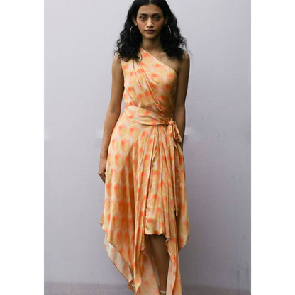 Nirmooha Orange Geometric Printed Satin Drape Dress