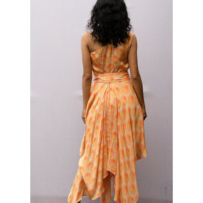 Nirmooha Orange Geometric Printed Satin Drape Dress