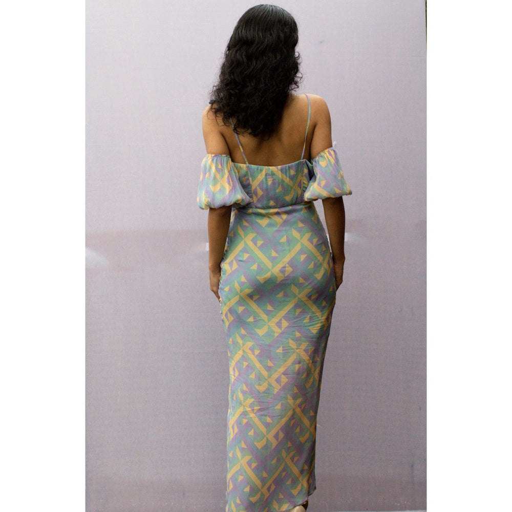 Nirmooha Blue Puff Sleeves Fitted Ruched Dress