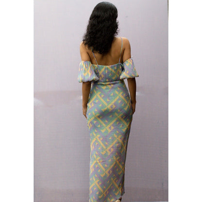Nirmooha Blue Puff Sleeves Fitted Ruched Dress