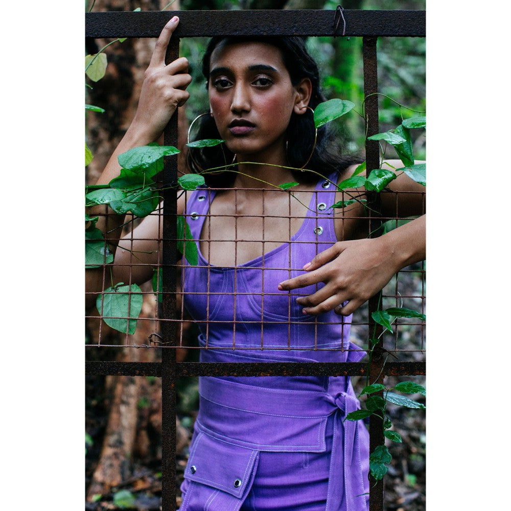 Nirmooha Lavender Denim Stitch Detailing Bodycon Dress