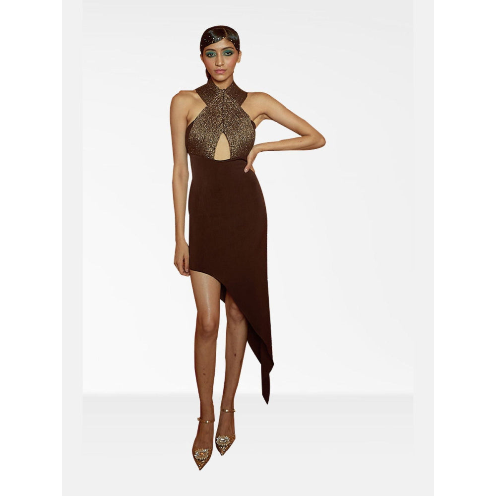 Nirmooha Brown Halter Neck Cording Asymmetrical Dress