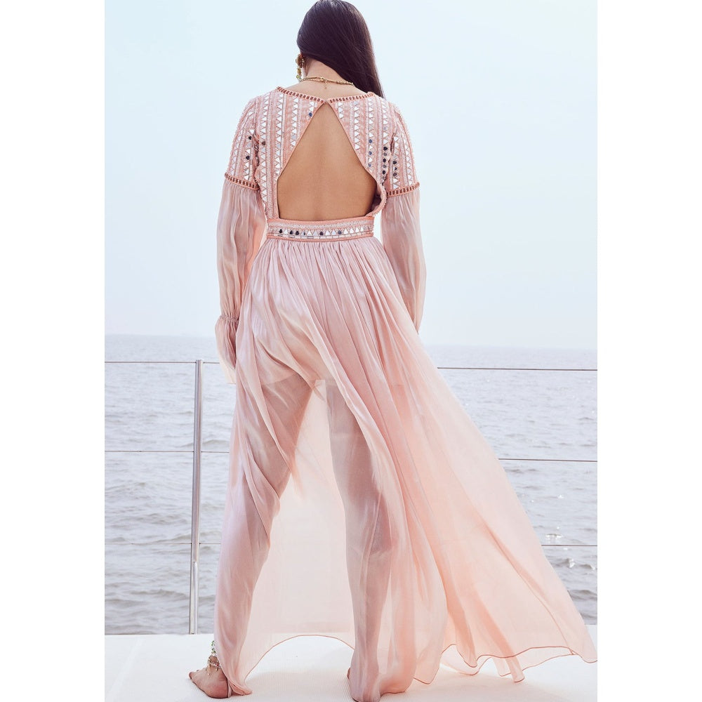 Nirmooha Peach Hand Embroidered Mirror Work Maxi Dress