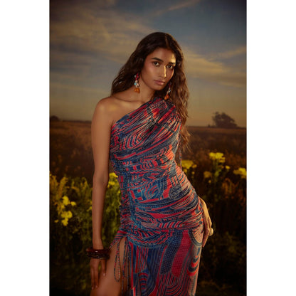 Nirmooha Red Wanderlust Whimsy One Shoulder Maxi Dress
