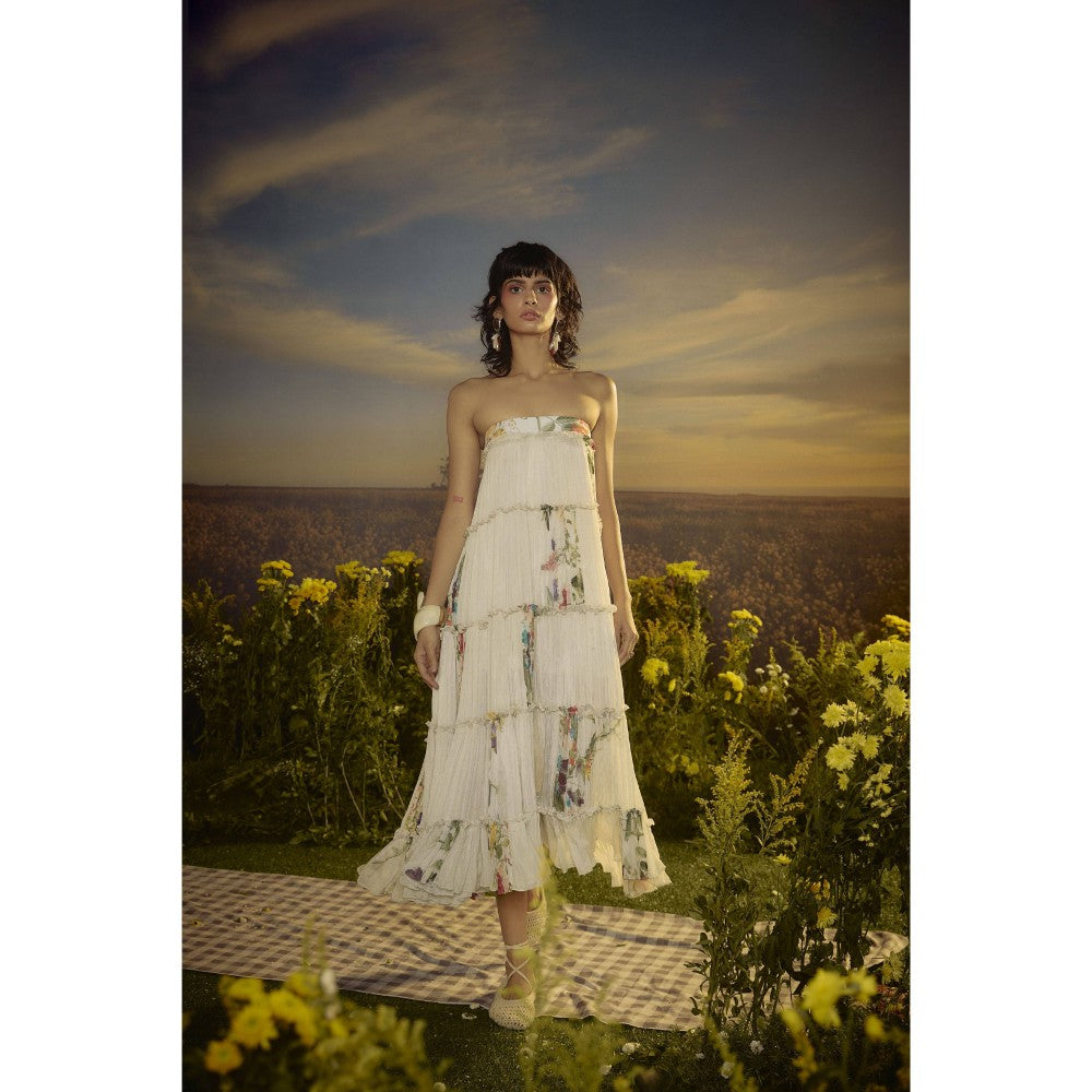 Nirmooha White Three-Tiered Chiffon Dress