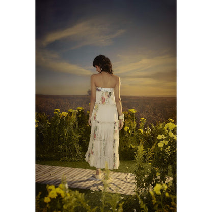 Nirmooha White Three-Tiered Chiffon Dress