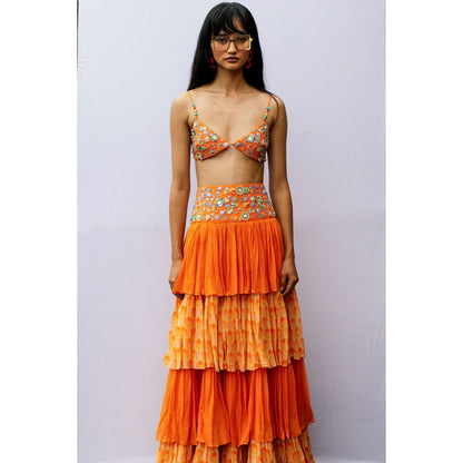 Nirmooha Orange Layered Embroidered Yoke Georgette Skirt with Belt