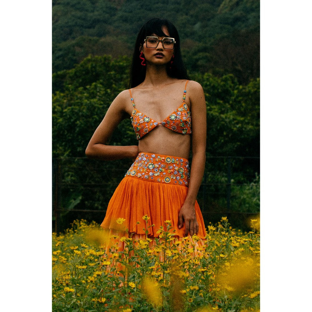 Nirmooha Orange Layered Embroidered Yoke Georgette Skirt with Belt