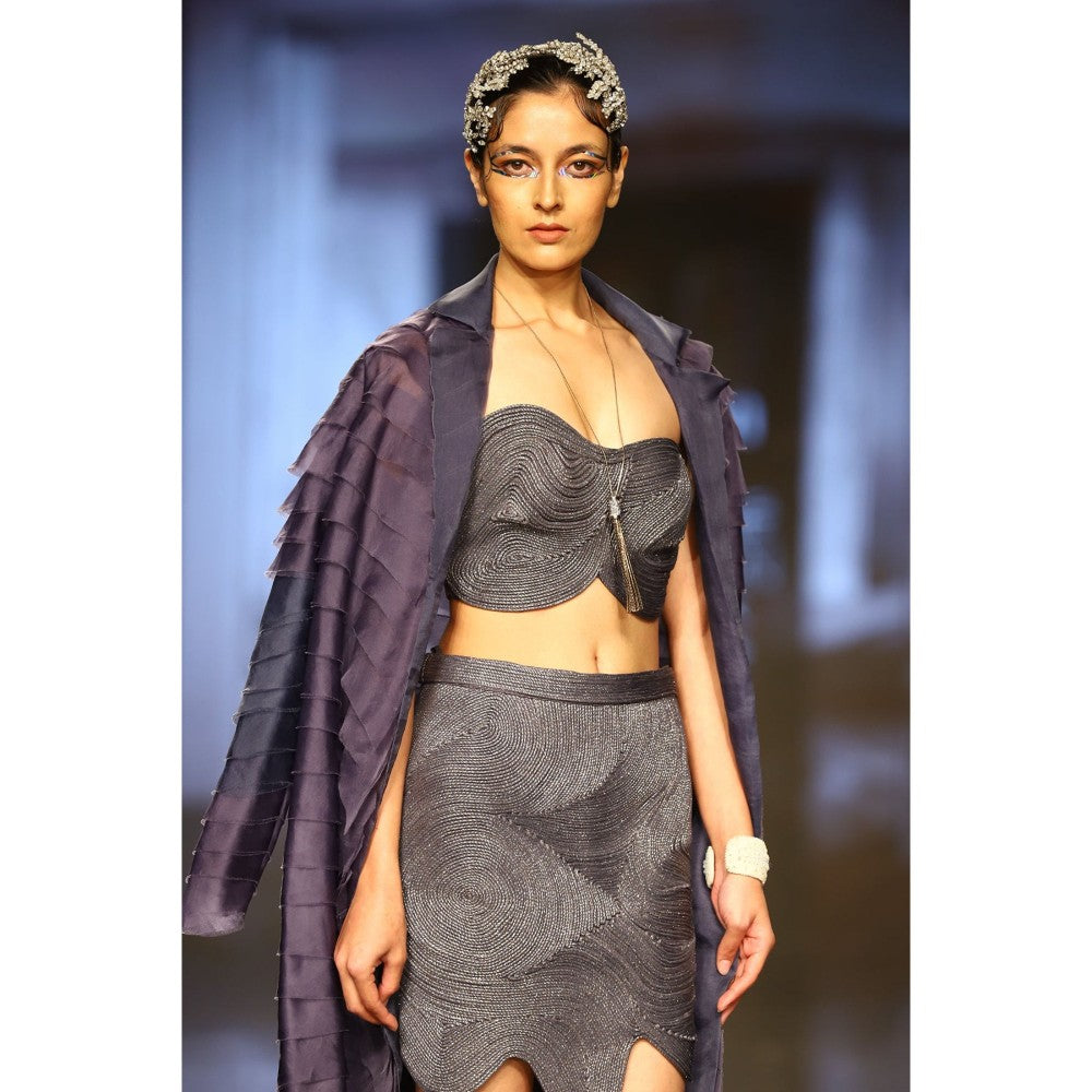 Nirmooha Grey Asymmetrical Corded Skirt with Belt