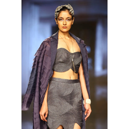 Nirmooha Grey Asymmetrical Corded Skirt with Belt