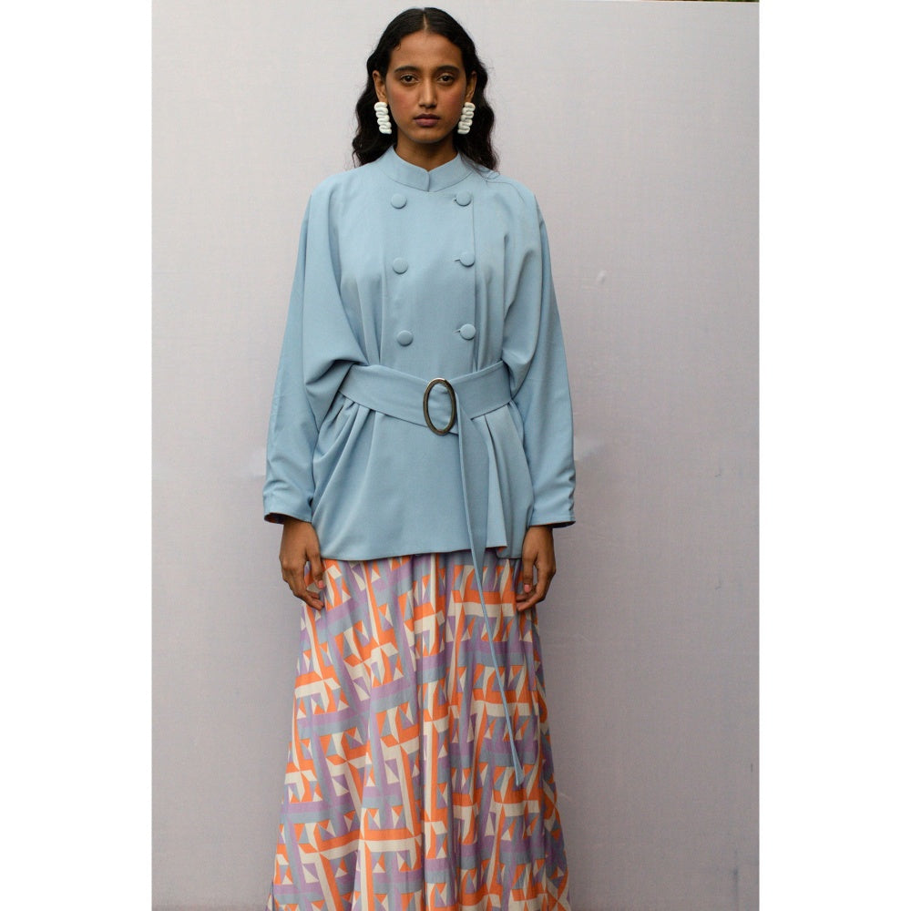 Nirmooha Purple Geometric Printed Umbrella Skirt with Belt