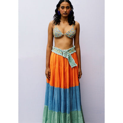 Nirmooha Mustard Colour Block Tiered Skirt with Belt