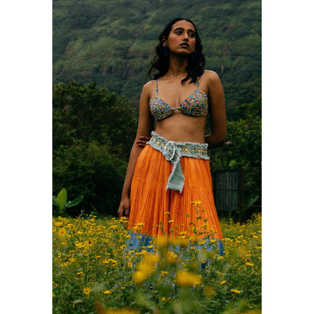 Nirmooha Mustard Colour Block Tiered Skirt with Belt